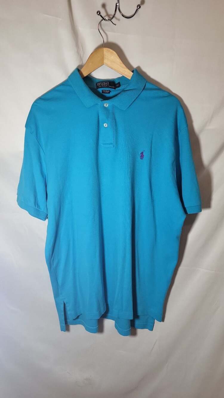 Vintage Polo Ralph Lauren Turquoise Blue Short Sleeve Polo Shirt XL Purple Pony